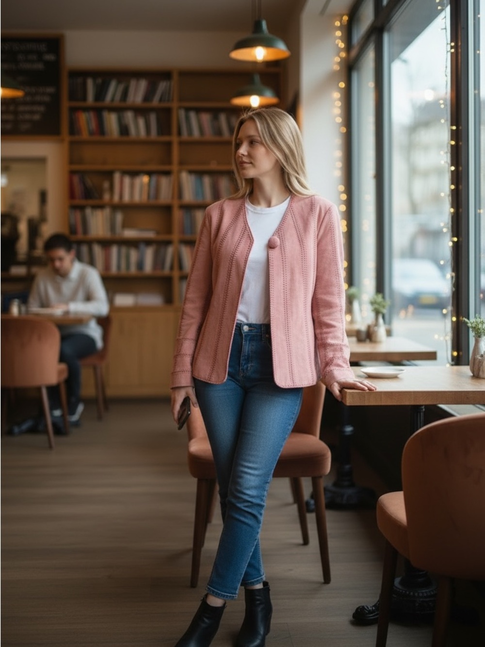 Women's Light Pink Suede Single-Button Blazer